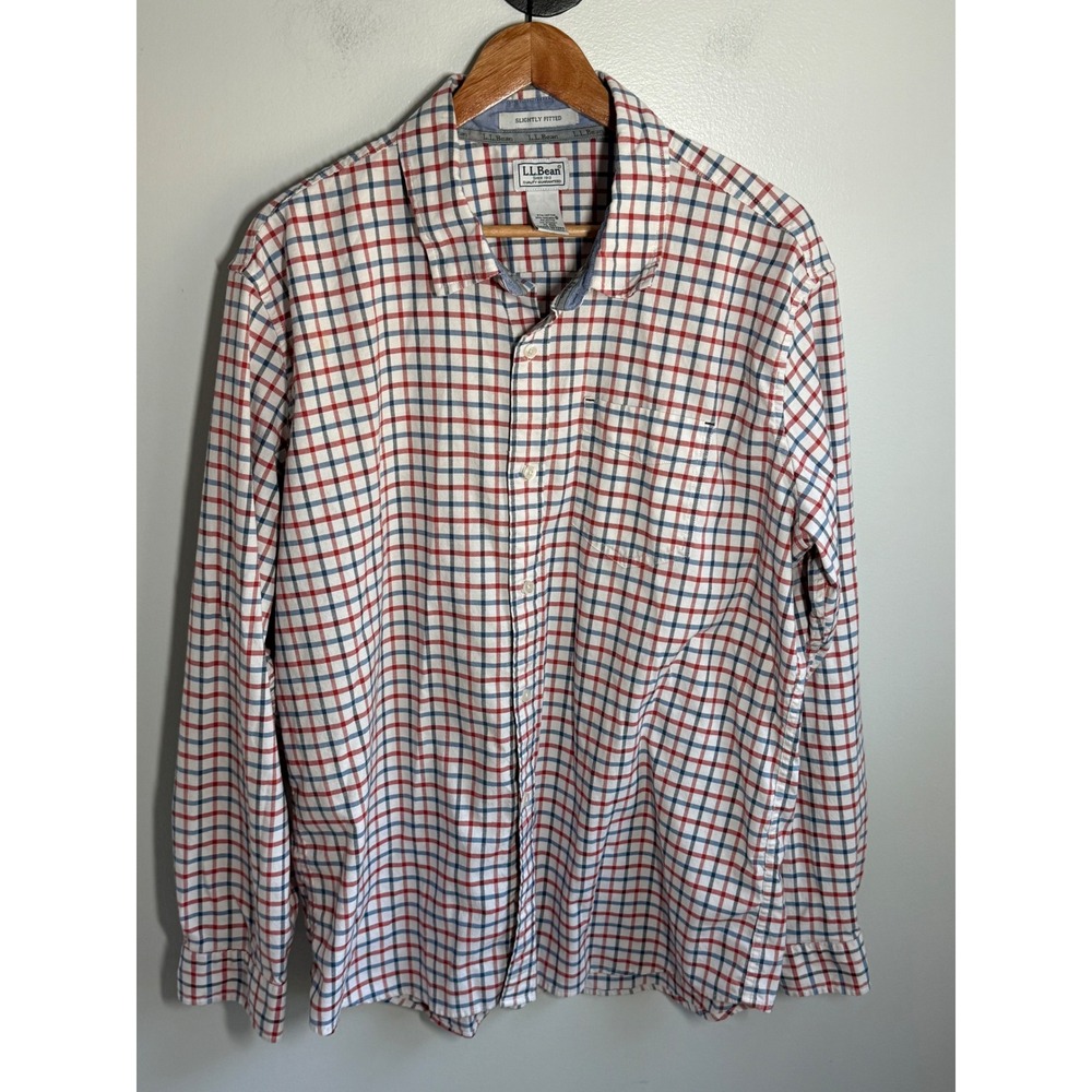 LL Bean Mens XL Slightly Fitted CoolMax Plaid Button Down Shirt Red White Blue